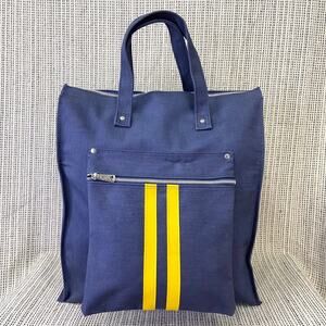 Retro Tote Bag Large Canvas Navy Blue Yellow Stripe Bookbag Carrier Preppy Bloke
